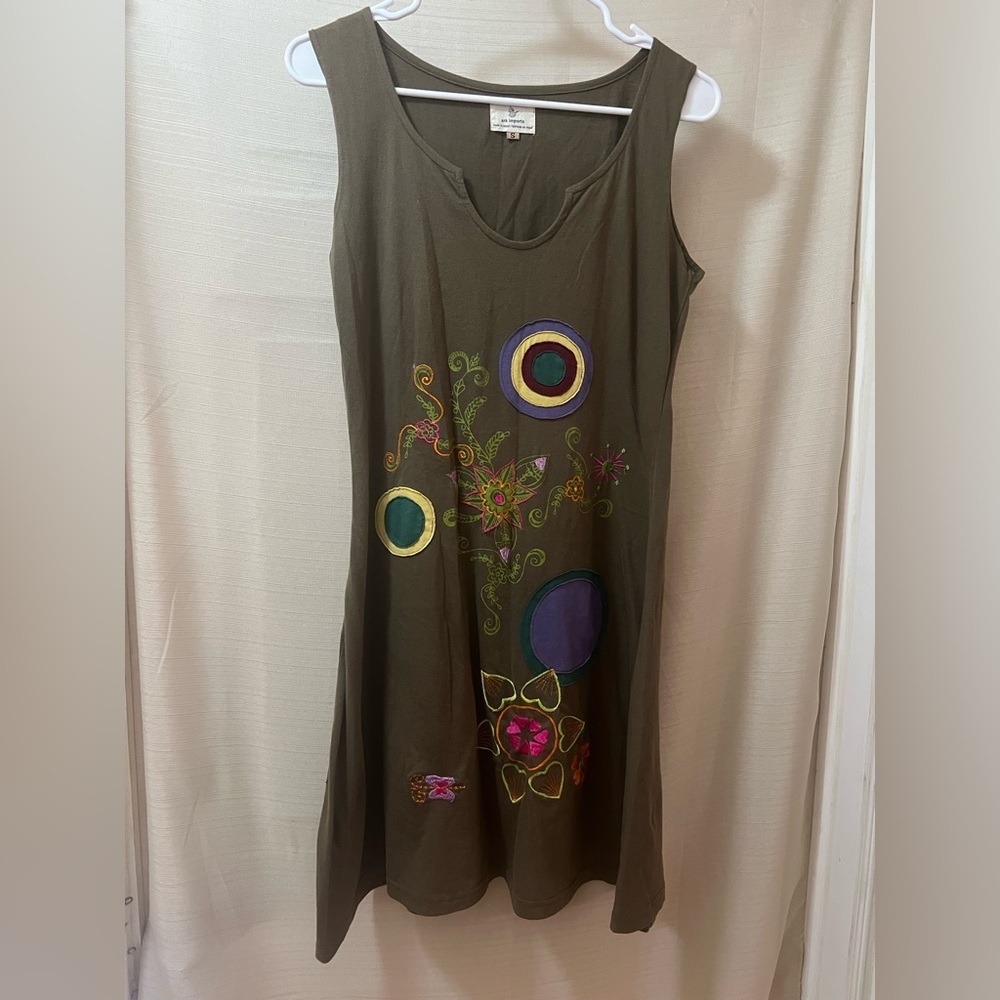 Ark Imports Embroidered Olive Green Cotton Sleeveless Dress Retro Y2K